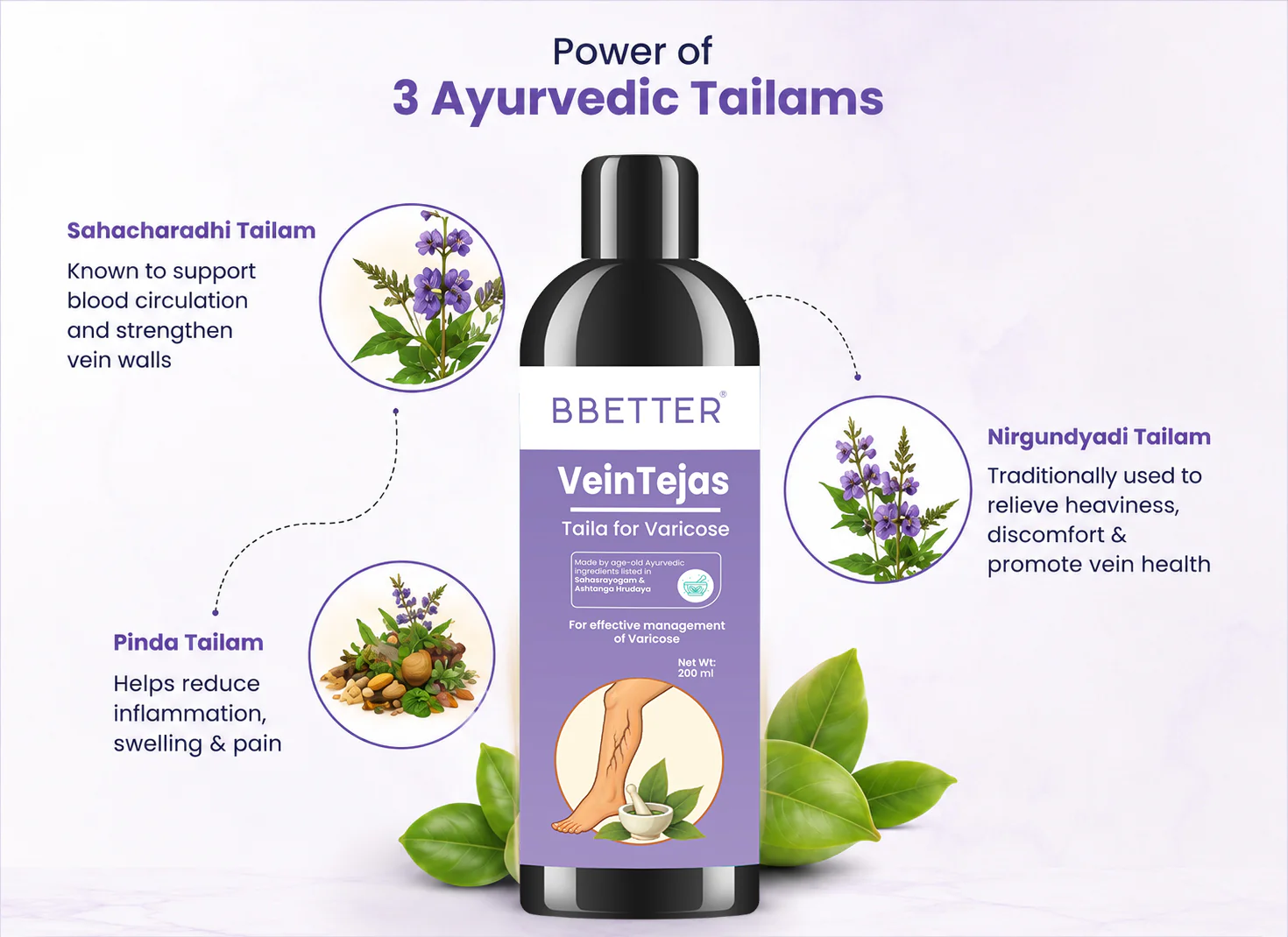 BBETTER VeinTejas- With Sahacharadhi Thailam, Pinda Thailam & Nirgundyadi Thailam for Varicose Veins - Image 4